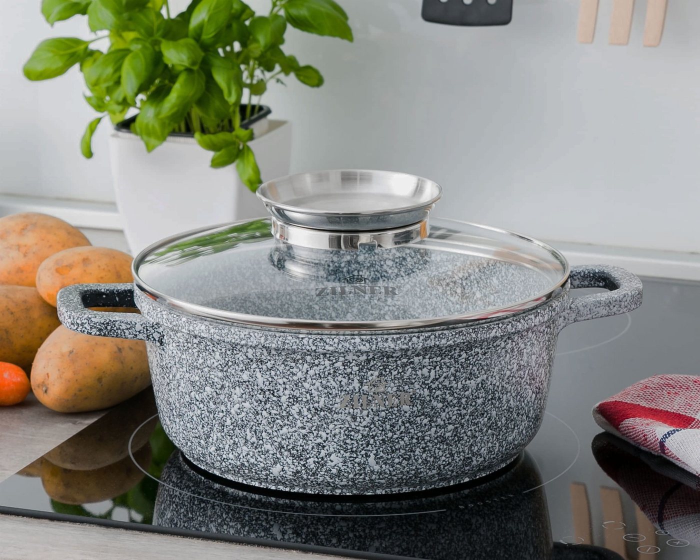 Zilner Topf-Set Schöne graue Töpfe, Topfset Bratpfanne, Kasserolle, Steinbeschichtung, Aluminiumguss (sehr hochwertig, 17-tlg., Zeitloses Design des Topfsets. E – Bild 5 von 5