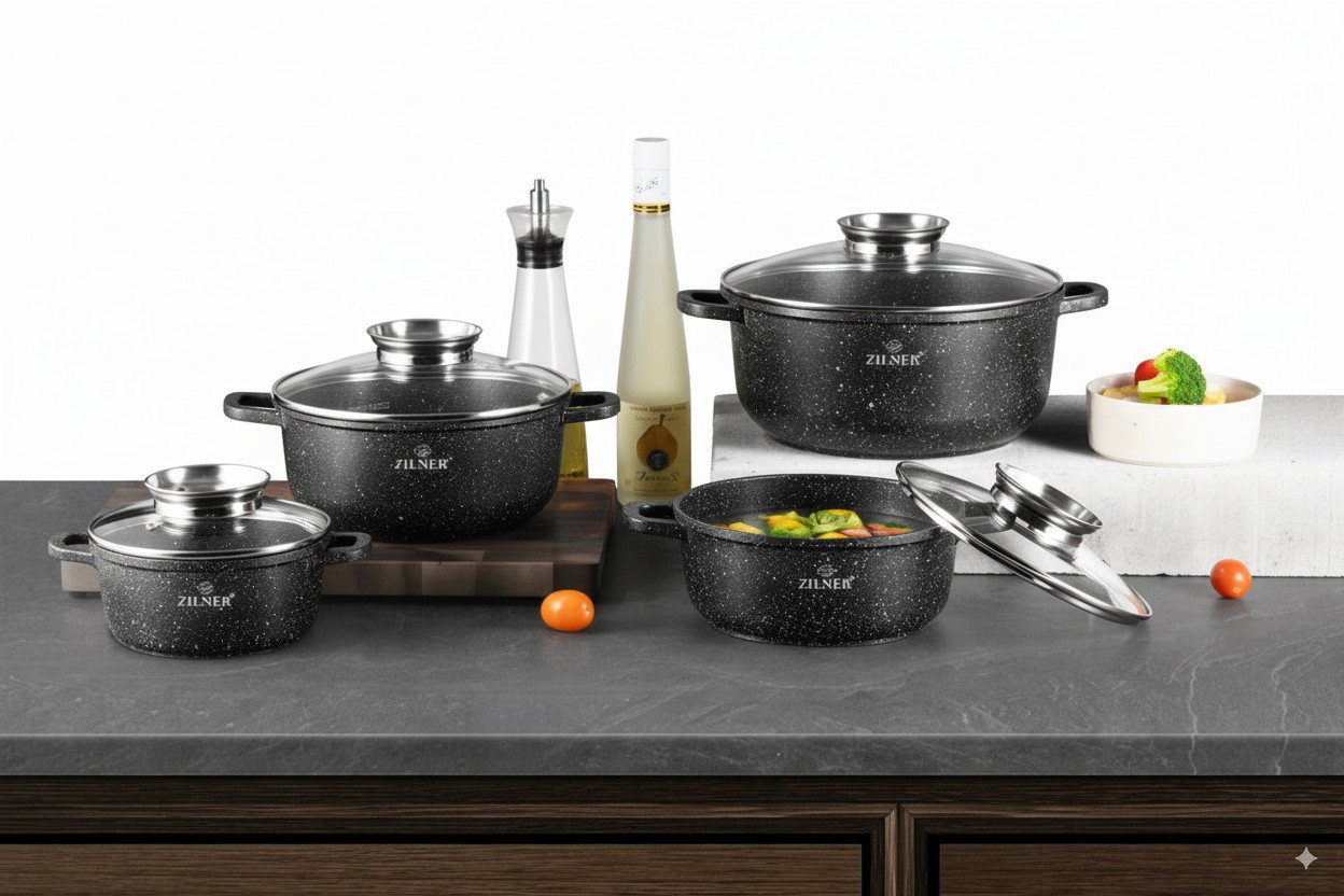 Zilner Topf-Set Schwarze Töpfe mit Keramik-Marmorbeschichtung 4 verschiedenen Größen, Aluminium, Aluminiumguss (Verleihen Sie Ihrer Küche Eleganz und genießen S – Bild 2 von 5