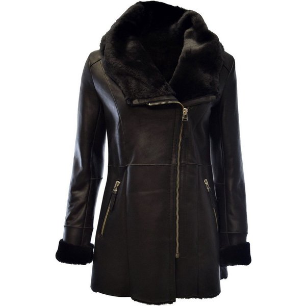 Zimmert Leather Ledermantel Olivia Damen, Lammfellmantel, Kapuze, Beige, Nuss, Schwarz, Braun