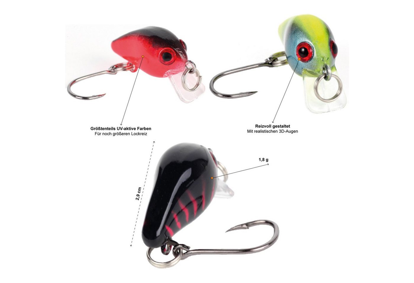Zite Kunstköder Neon Mini-Wobbler-Set 1,8 g 2,8 cm mit 3D-Augen UV-Aktiv 10 Stück – Bild 5 von 5