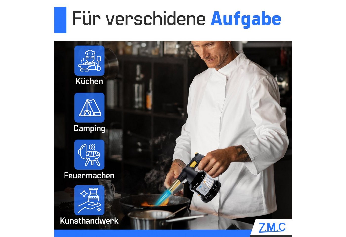 ZMC Flambierbrenner Gasbrenner 1,3 kW Kohleanzünder +Gaskartuschen mit einstellbare Flamme, (mit Piezo-Zündung, Temperatur von bis zu 1350 ° C Butangasbrenner,  – Bild 2 von 5