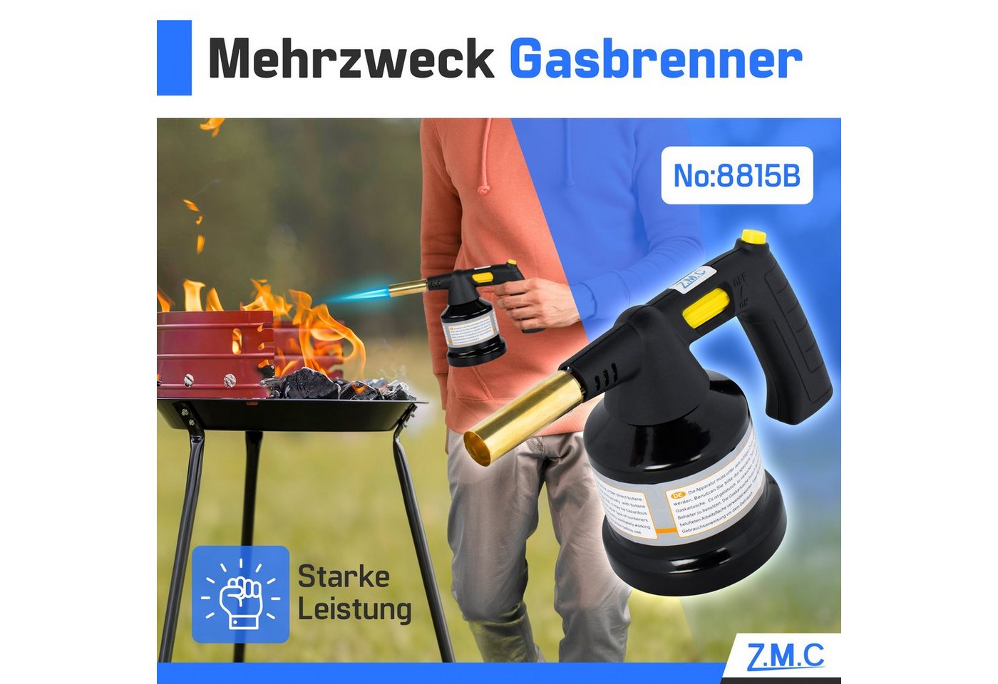 ZMC Flambierbrenner Gasbrenner 1,3 kW Kohleanzünder +Gaskartuschen mit einstellbare Flamme, (mit Piezo-Zündung, Temperatur von bis zu 1350 ° C Butangasbrenner,  – Bild 4 von 5