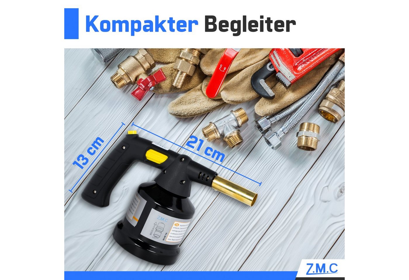 ZMC Flambierbrenner Gasbrenner 1,3 kW Kohleanzünder +Gaskartuschen mit einstellbare Flamme, (mit Piezo-Zündung, Temperatur von bis zu 1350 ° C Butangasbrenner,  – Bild 5 von 5