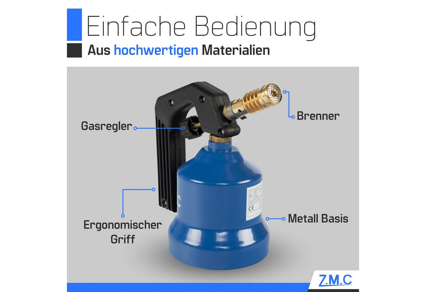 ZMC Flambierbrenner Gasbrenner 2,2 kW + Gaskartuschen 190g, Flambierbrenner, Küchenbrenner, (Bunsenbrenner Lötbrenner mit einstellbarer Flamme, Brenneraufsatz f – Bild 5 von 5