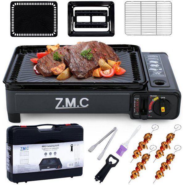 ZMC Gaskocher 2-in-1 Gaskocher inkl. Zubehör einflammiger Camping-Kocher, (mit Grillplatte + Grillrost, stufenlos regulierbar, Tischgrill), mit Tragekoffer, 3,8