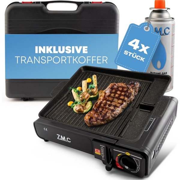 ZMC Gaskocher 2in1 Campingkocher Grillplatte mit Piezozündung + 4x Gaskartuschen, (Grillplatte Tischgrill Transportkoffer Gasbrenner Gasgrill Kochfeld LPG Ansch