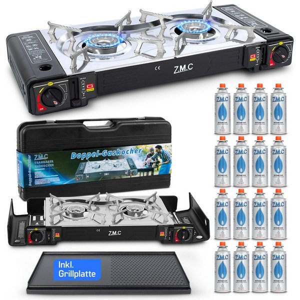 ZMC Gaskocher 2in1 Campingkocher Grillplatte mit Piezozündung + 16x Gaskartuschen, (2 Flammig Grill Platte Tischgrill Doppel Gasbrenner Gasgrill Kochfeld mit LP