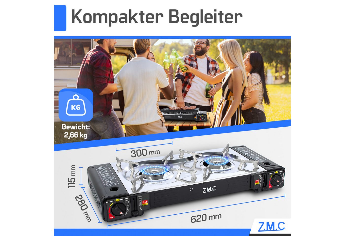 ZMC Gaskocher 2in1 Campingkocher Grillplatte mit Piezozündung + 8x Gaskartuschen, (2 Flammig Grill Platte Tischgrill Doppel Gasbrenner Gasgrill Kochfeld mit LPG – Bild 3 von 5