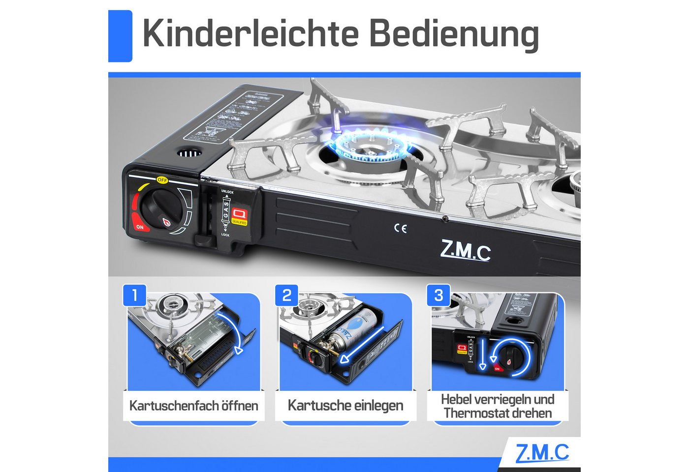 ZMC Gaskocher 2in1 Campingkocher Grillplatte mit Piezozündung + 8x Gaskartuschen, (2 Flammig Grill Platte Tischgrill Doppel Gasbrenner Gasgrill Kochfeld mit LPG – Bild 4 von 5