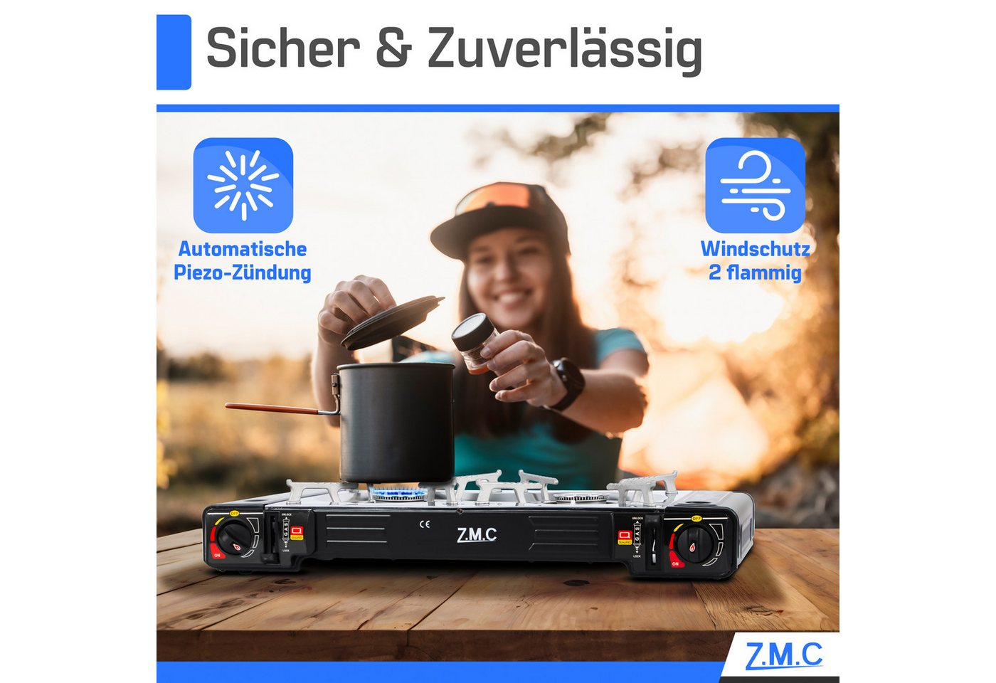 ZMC Gaskocher 2in1 Campingkocher Grillplatte mit Piezozündung + 8x Gaskartuschen, (2 Flammig Grill Platte Tischgrill Doppel Gasbrenner Gasgrill Kochfeld mit LPG – Bild 5 von 5