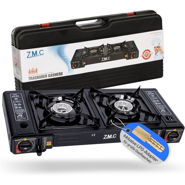 ZMC Gaskocher Doppel Campingkocher Gaskocher 2 Flammig + Gaskartuschen 227g, (mit automatische Piezo-Zündung Wärmeleistung: 2,3KW, inkl. Adapter für LPG Anschlu