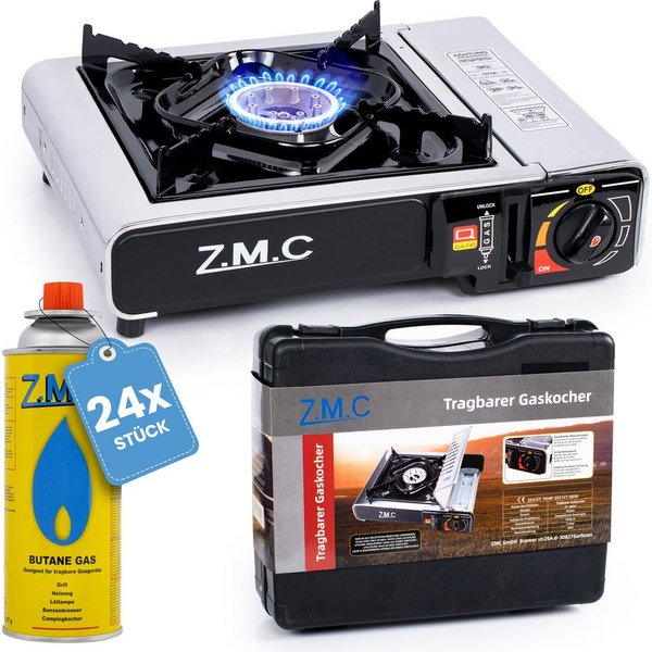 ZMC Gaskocher Edelstahl Gaskocher 1-flammig + Aufbewahrungskoffer + 24 Gaskartuschen, (Butangas Campingkocher für Innenraum/Outdoor, Campinggaskocher 2,2 kW mit