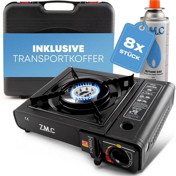 ZMC Gaskocher Otto mit 8x, (Butangas Campingkocher für Innenraum/Outdoor, Campinggaskocher 2,2 kW mit Piezozündung), Kochfeld Herd Gaskocher mit Kartusche, Gask