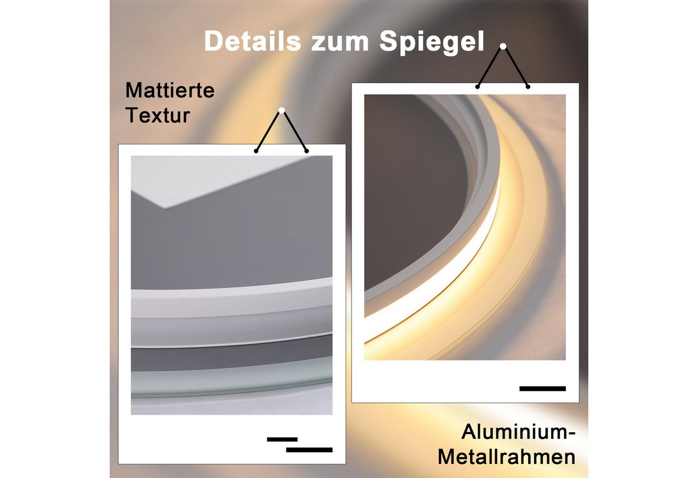 ZMH Badspiegel mit Beleuchtung, Badezimmerspiegel 3 Lichtfarben dimmbar, Touch-Schalter,Anti-Beschlag, rund oder rechteckig – Bild 2 von 5