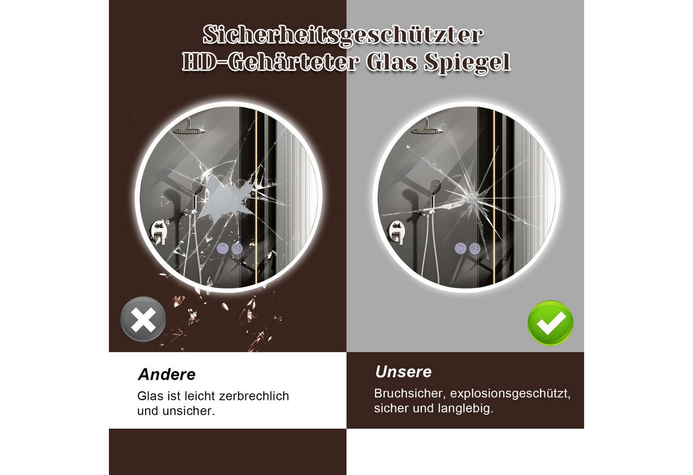 ZMH Badspiegel mit Beleuchtung, Badezimmerspiegel 3 Lichtfarben dimmbar, Touch-Schalter,Anti-Beschlag, rund oder rechteckig – Bild 5 von 5