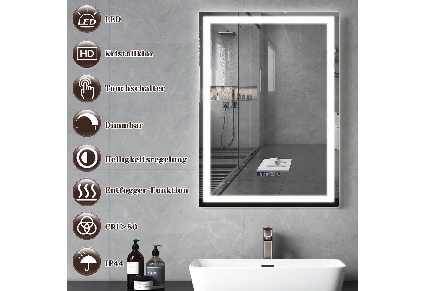 ZMH Badspiegel mit Beleuchtung, LED Badezimmerspiegel 3 Lichtfarben dimmbar, Touch-Schalter, Uhr, Anti-Beschlag, Wandspiegel – Bild 2 von 5