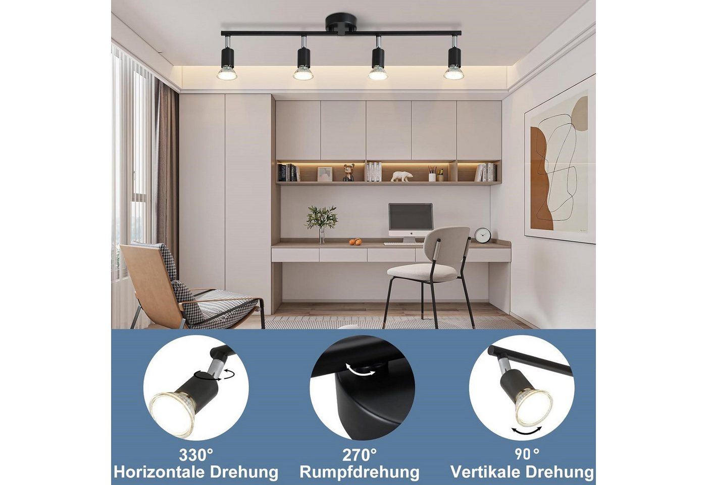 ZMH Deckenleuchte 4 Flammig-GU10 Modern Deckenspot Schwenkbar Wohnzimmer Schlafzimmer, ohne Leuchtmittel, max. 6W, 59,5×8×13cm,350° drehbar – Bild 2 von 5