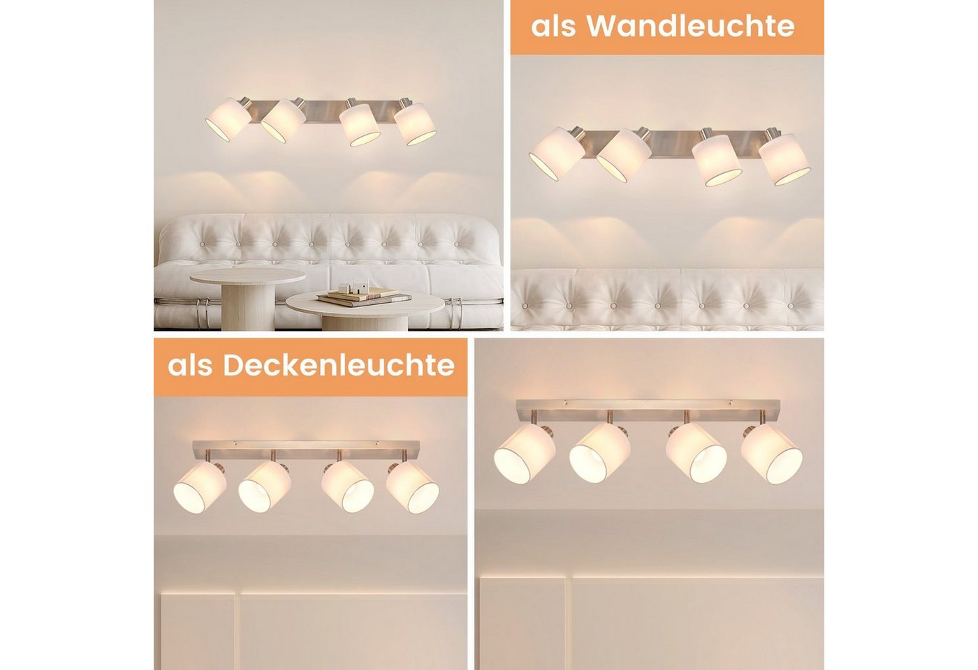 ZMH Deckenleuchte Deckenstrahler 4 Flammig Modern E14 Schwenkbar 350°, ohne Leuchtmittel, MAX.25W Stoffschrim für Schlafzimmer Flur – Bild 5 von 5