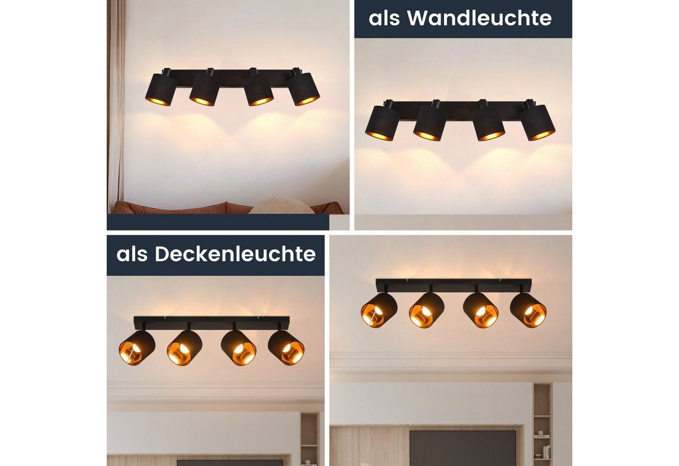 ZMH Deckenleuchte Deckenstrahler 4 Flammig Modern E14 Schwenkbar 350°, ohne Leuchtmittel, MAX.25W Stoffschrim für Schlafzimmer Flur – Bild 3 von 5