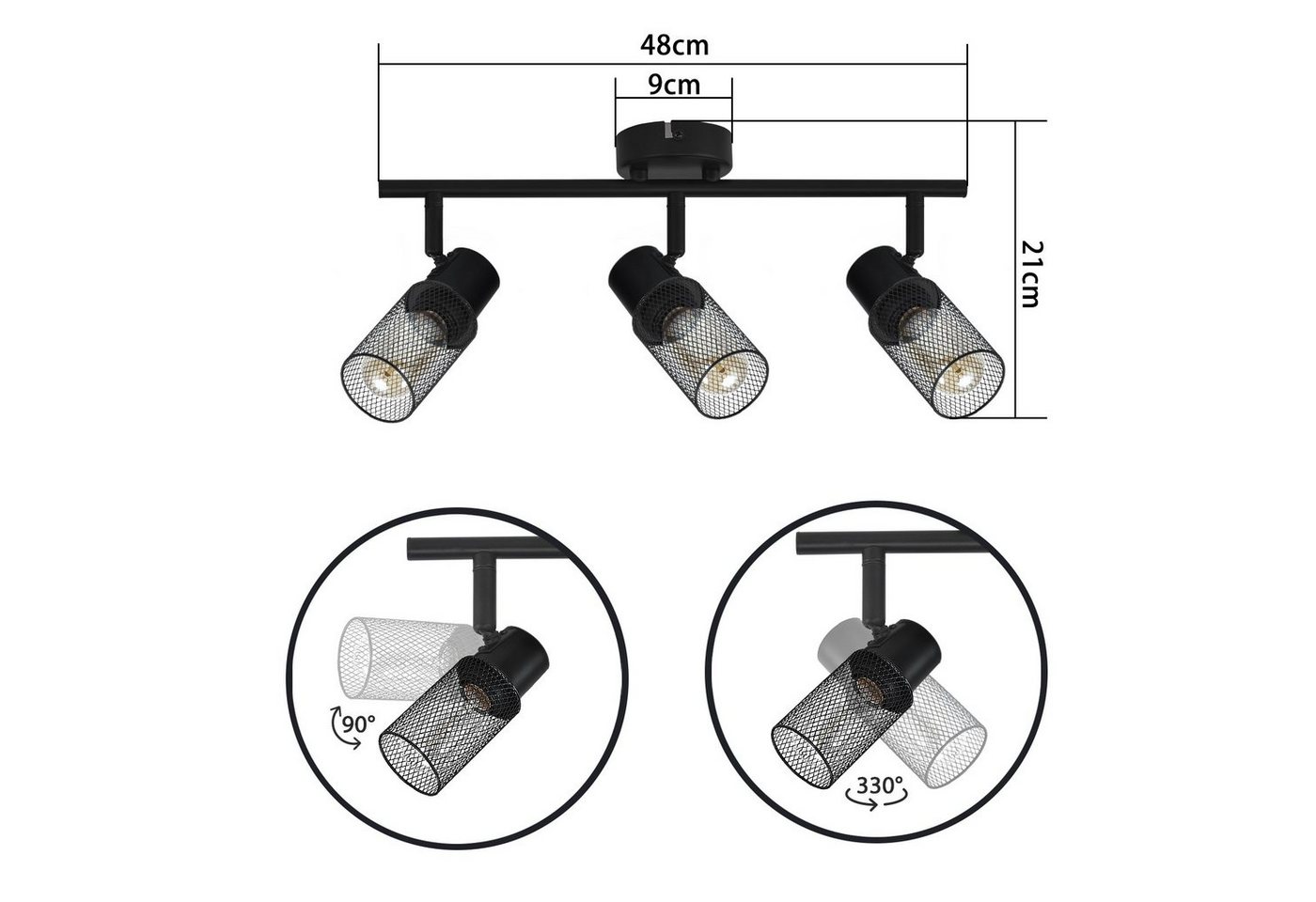 ZMH Deckenleuchte Schwarzes Metallgitter, drei Köpfe, E27, drehbar, vertikal, ohne Leuchtmittel, E27-Fassung, ohne Lichtquelle, geeignet für Flur und Schlafzimm – Bild 2 von 5