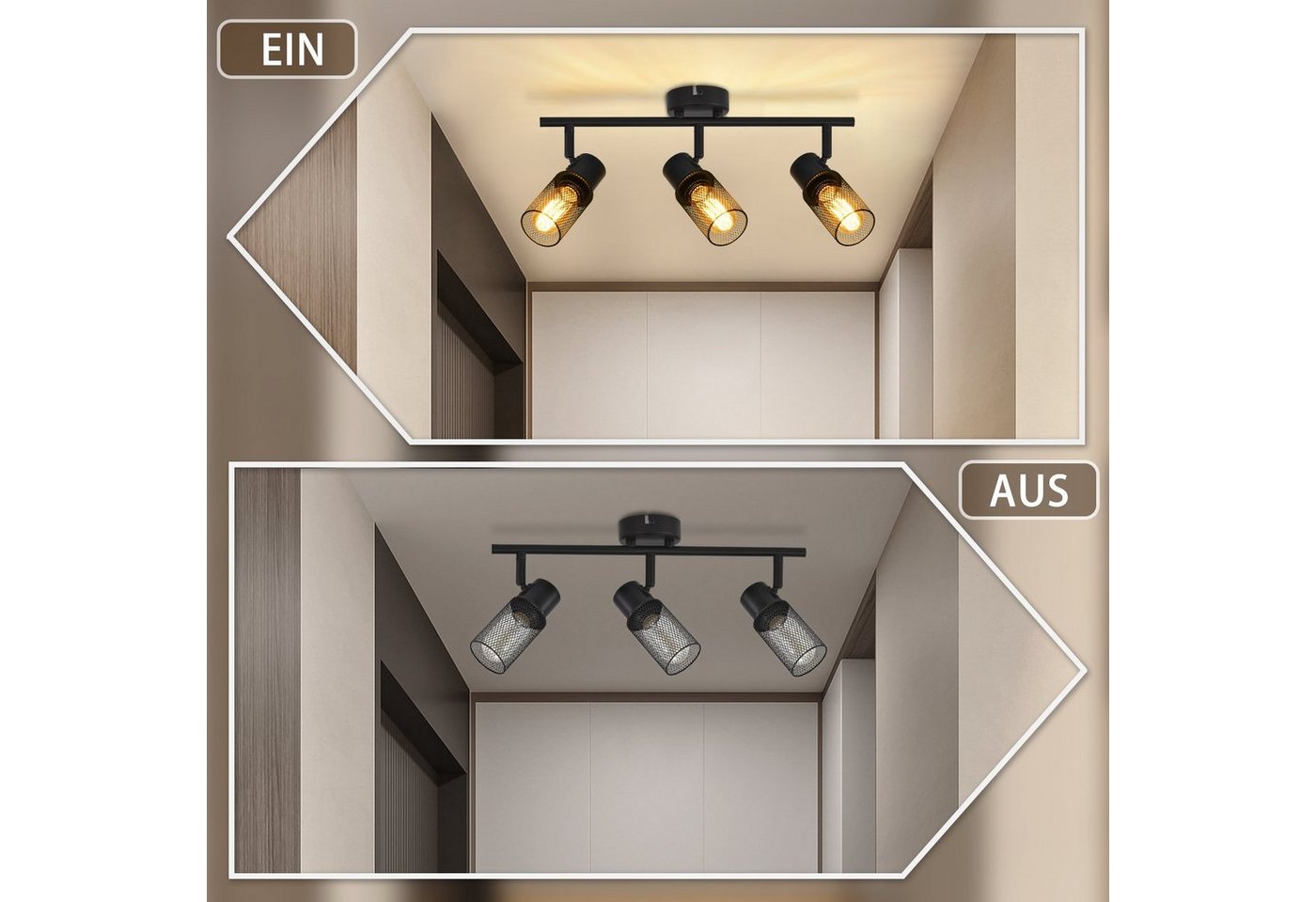 ZMH Deckenleuchte Schwarzes Metallgitter, drei Köpfe, E27, drehbar, vertikal, ohne Leuchtmittel, E27-Fassung, ohne Lichtquelle, geeignet für Flur und Schlafzimm – Bild 4 von 5