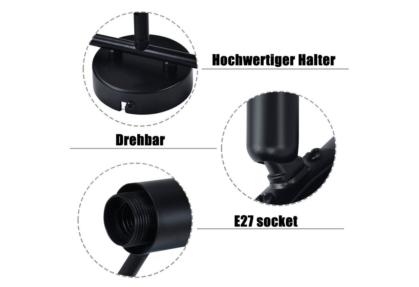 ZMH Deckenleuchte Schwarzes Metallgitter, drei Köpfe, E27, drehbar, vertikal, ohne Leuchtmittel, E27-Fassung, ohne Lichtquelle, geeignet für Flur und Schlafzimm – Bild 5 von 5