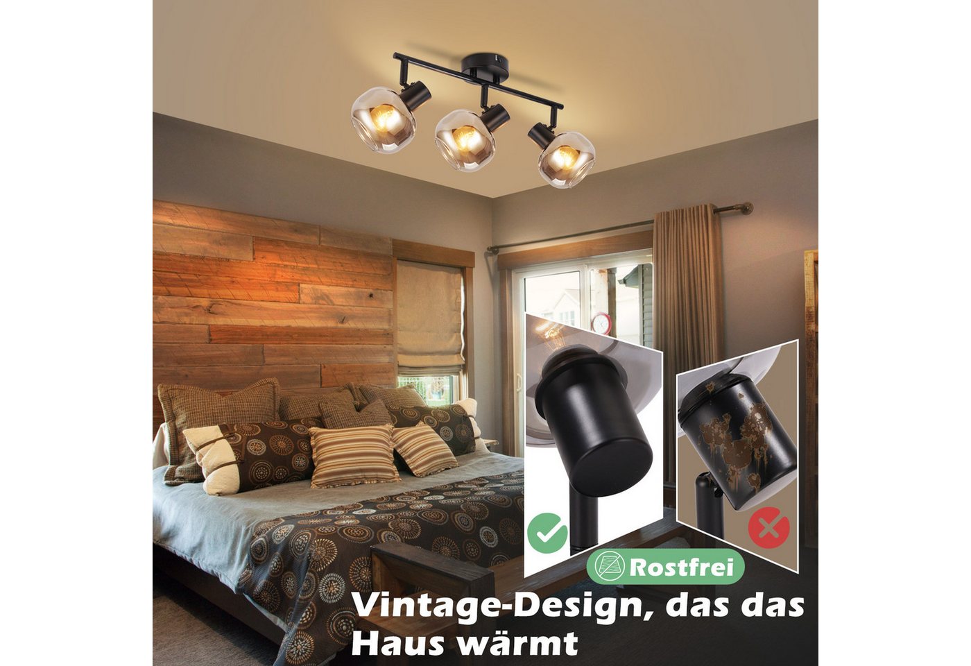 ZMH Deckenleuchte Wohnzimmer 350° Drehbar Rauchgrau Glas Retro Flurlampe für Küche, Vertikale Drehung: 90 Grad, ohne Leuchtmittel – Bild 3 von 5