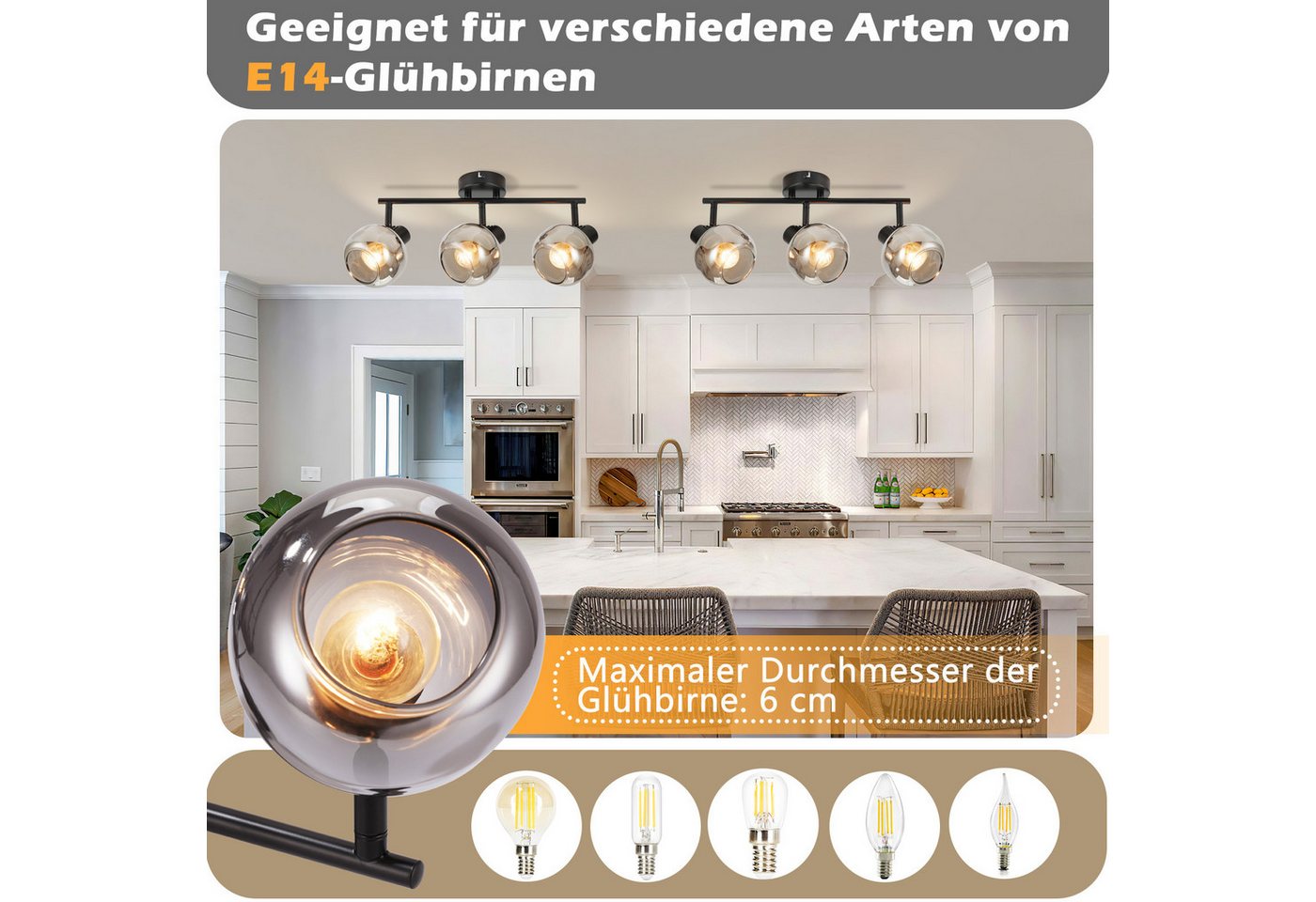 ZMH Deckenleuchte Wohnzimmer 350° Drehbar Rauchgrau Glas Retro Flurlampe für Küche, Vertikale Drehung: 90 Grad, ohne Leuchtmittel – Bild 4 von 5