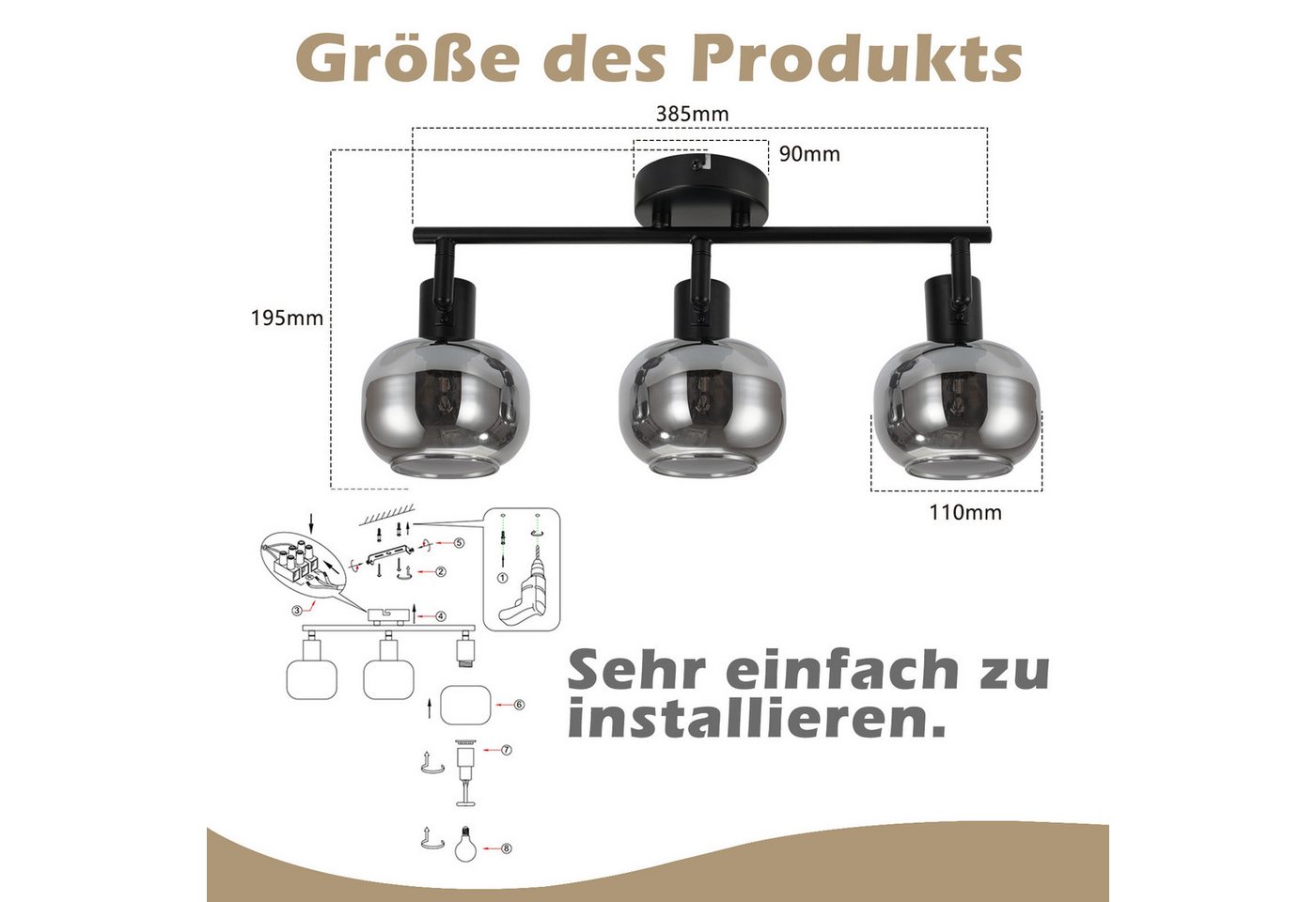 ZMH Deckenleuchte Wohnzimmer 350° Drehbar Rauchgrau Glas Retro Flurlampe für Küche, Vertikale Drehung: 90 Grad, ohne Leuchtmittel – Bild 5 von 5