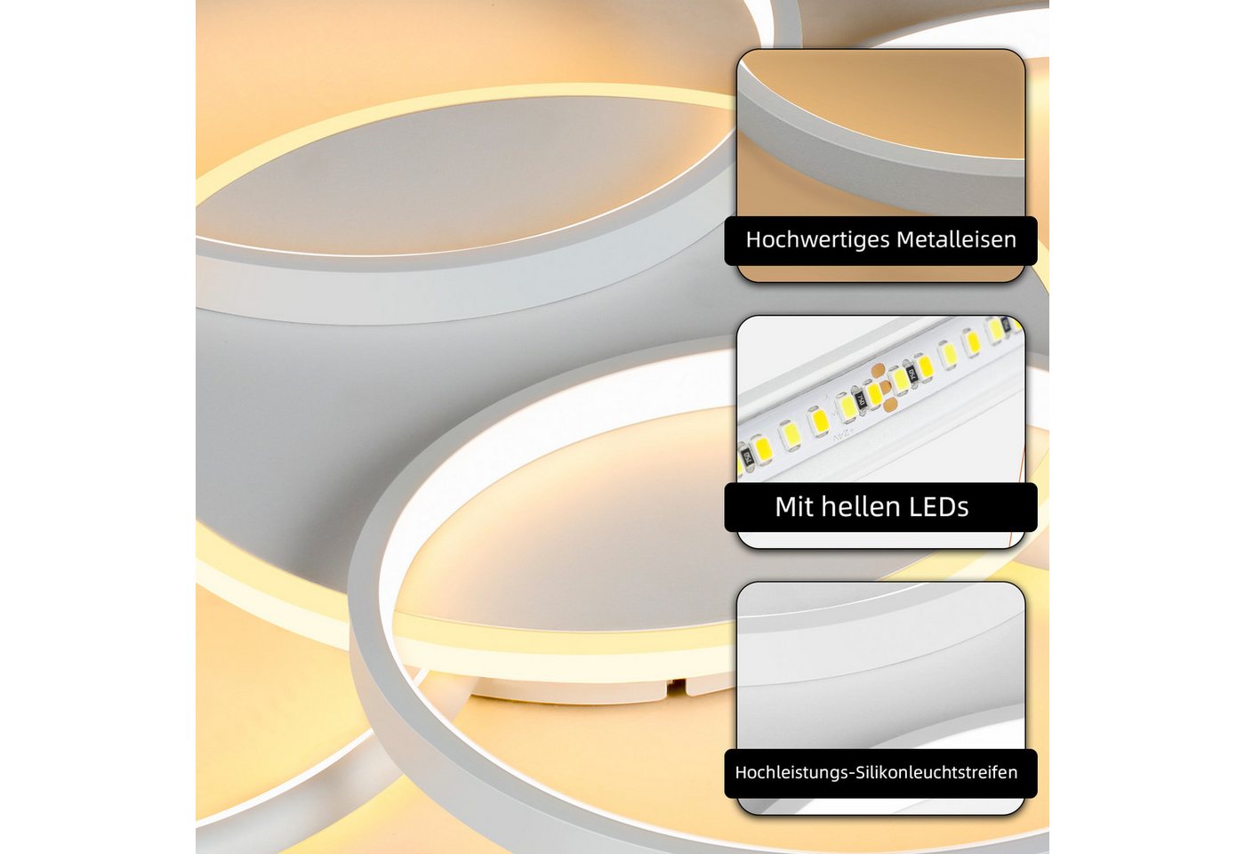 ZMH Deckenleuchte Wohnzimmer Modern 4/5 Flammig Ringoptik Design 37/70W Schlafzimmer, LED fest integriert, 3000-6500K, 70W, 6510lm, IR-CCT, dimmbar, 67×55,5×6cm – Bild 2 von 5