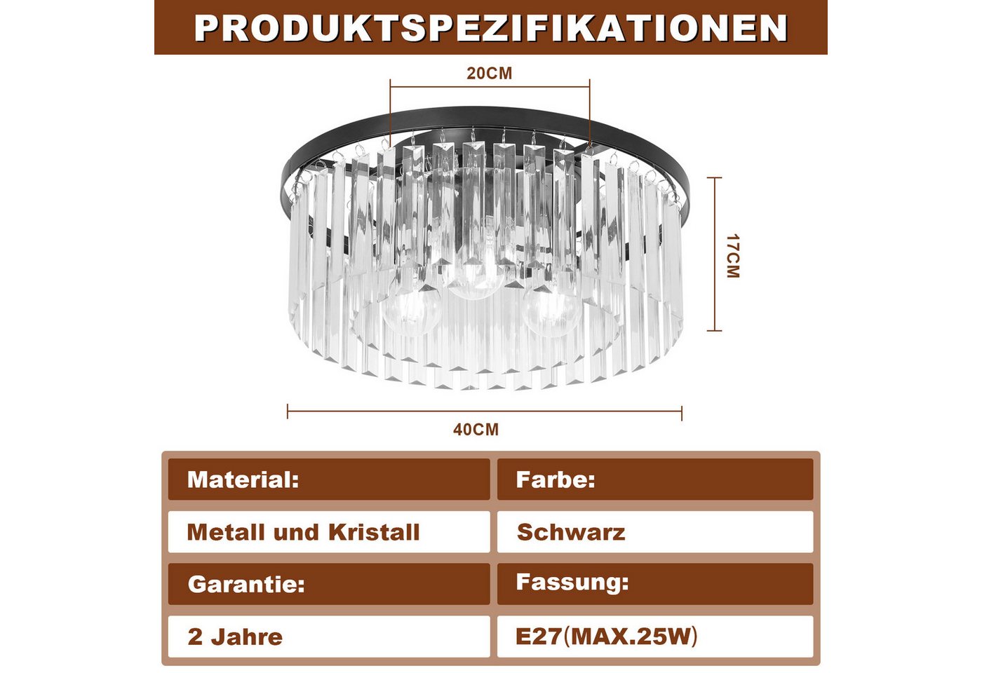 ZMH Deckenleuchte Wohnzimmer Schwarz E27 Deckenlampe Modern Kristall für Küche Büro, Hochwertige Design, ohne Leuchtmittel, Metall Schlafzimmerlampe Esszimmer K – Bild 2 von 5