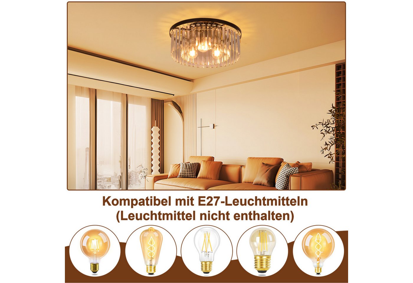 ZMH Deckenleuchte Wohnzimmer Schwarz E27 Deckenlampe Modern Kristall für Küche Büro, Hochwertige Design, ohne Leuchtmittel, Metall Schlafzimmerlampe Esszimmer K – Bild 3 von 5