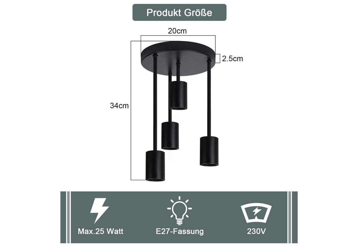 ZMH Deckenleuchten Wohnzimmer Schwarz E27 Retro Hängend Deckenlampe für küche Flur, Bedienungsanleitung, ohne Leuchtmittel, 4 Flammig Industrial Küchenlampe – Bild 3 von 5