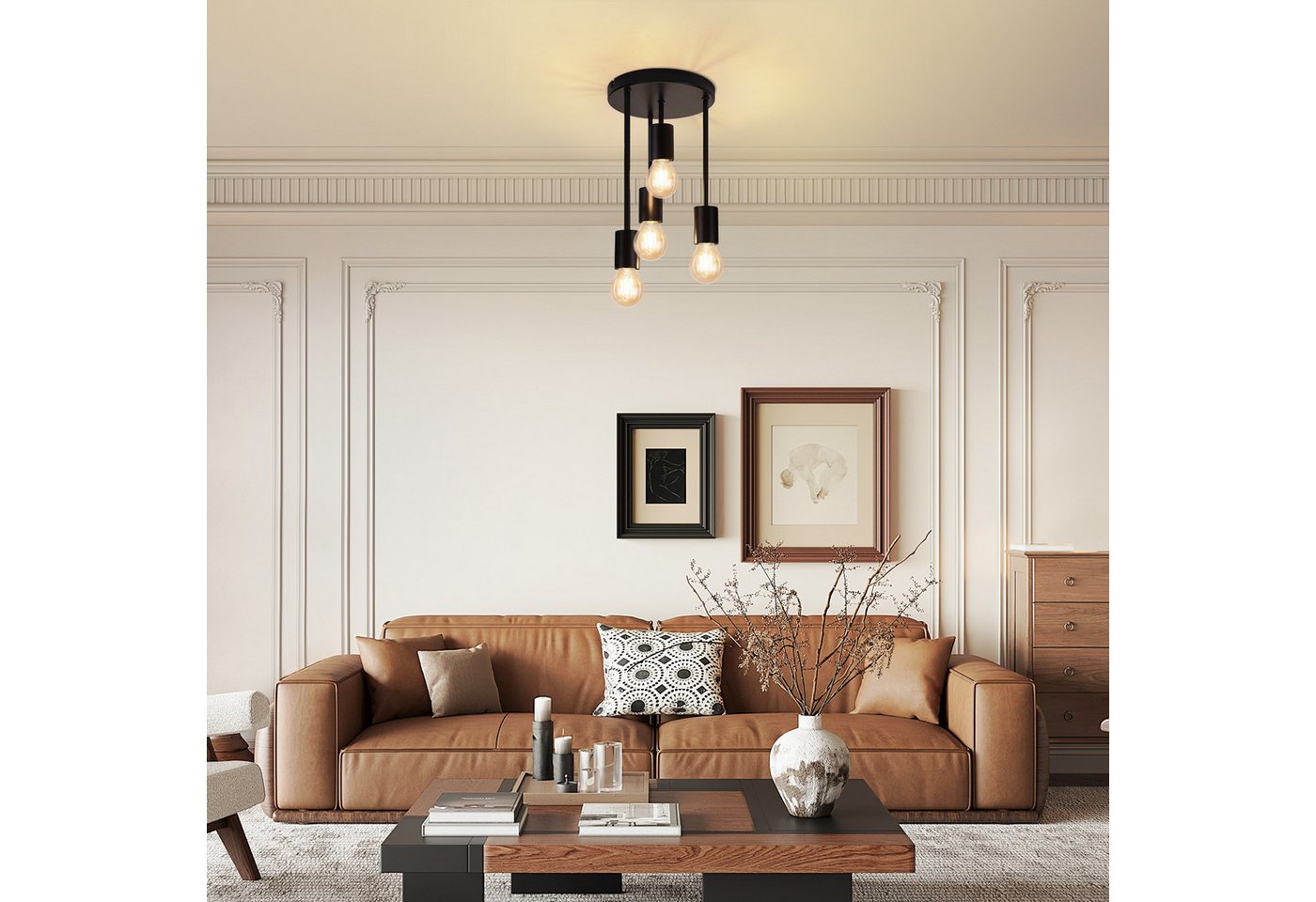 ZMH Deckenleuchten Wohnzimmer Schwarz E27 Retro Hängend Deckenlampe für küche Flur, Bedienungsanleitung, ohne Leuchtmittel, 4 Flammig Industrial Küchenlampe – Bild 4 von 5