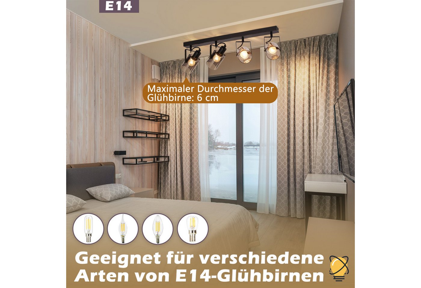 ZMH Deckenstrahler 2/3/4 Flammig Rauchgrau Glas E14 Deckenspot schwenkbar drehbar, ohne Leuchtmittel, Deckenleuchte für Wohnzimmer Schlafzimmer Flur Küche – Bild 2 von 5