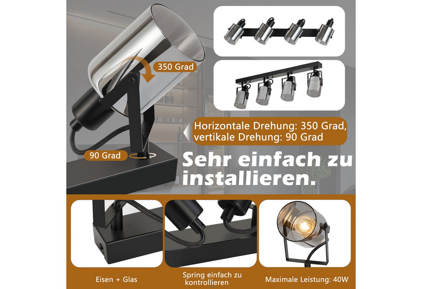 ZMH Deckenstrahler 2/3/4 Flammig Rauchgrau Glas E14 Deckenspot schwenkbar drehbar, ohne Leuchtmittel, Deckenleuchte für Wohnzimmer Schlafzimmer Flur Küche – Bild 4 von 5