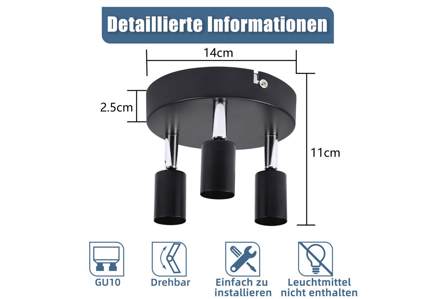 ZMH Deckenstrahler 3-flammig, GU10 Deckenspots 350° schwenkbar, verstellbare Spots, ohne Leuchtmittel, moderne Deckenleuchte aus Metall – Bild 5 von 5