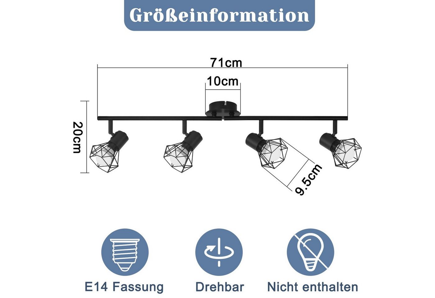 ZMH Deckenstrahler 4-flammig E14 Deckenspots Vintage, 350° schwenkbar, Diamantenform, ohne Leuchtmittel, Metall, innen für Wohnzimmer Kinderzimmer – Bild 5 von 5