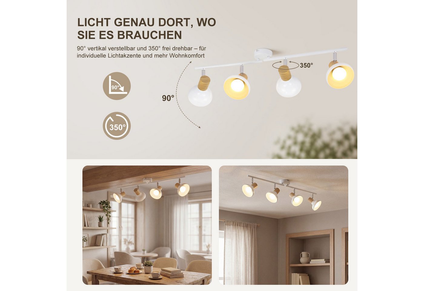 ZMH Deckenstrahler 4 Flammig Industrial E14 Deckenleuchte für Treppenhaus Schlafzimmer, Hochwertige Design, ohne Leuchtmittel, 350° Schwenkbar Weiß Vintage Flur – Bild 5 von 5