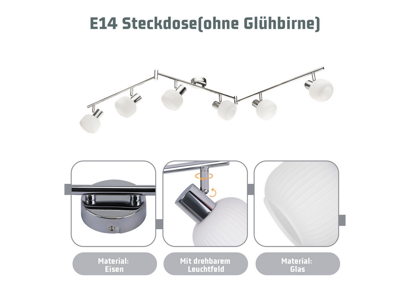 ZMH Deckenstrahler 6-flammig E14 Deckenleuchte Wohnzimmer, 6 schwenkbare Spots, ohne Leuchtmittel, Spotleuchte Metall Glas Vintage – Bild 5 von 5