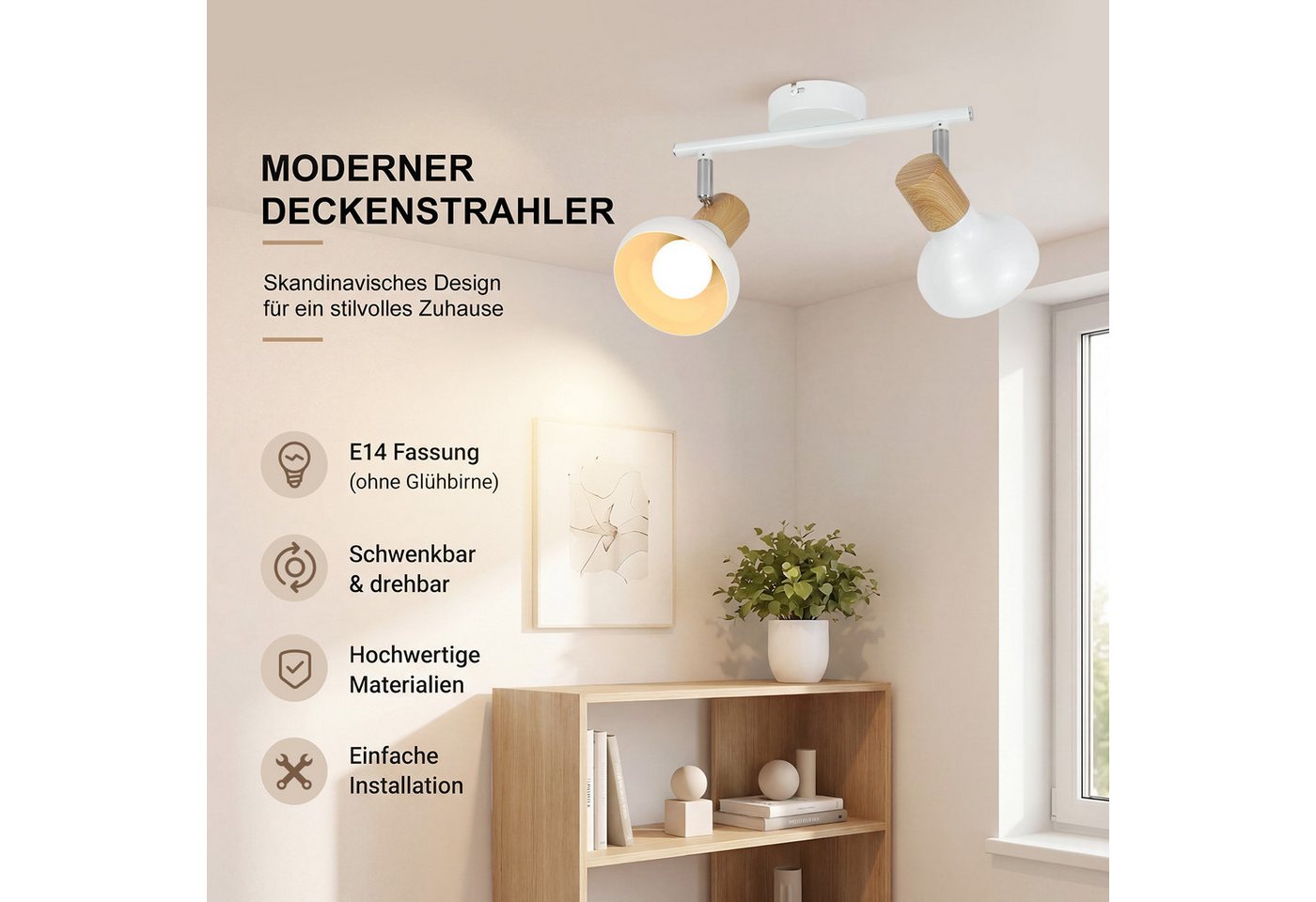 ZMH Deckenstrahler E14 Flammig Eisen Lampenschirm Deckenlampe Flur & Schlafzimmer, ohne Leuchtmittel, Weiß Schwenkbar 350° Modern Wohnzimmerlampe – Bild 2 von 5