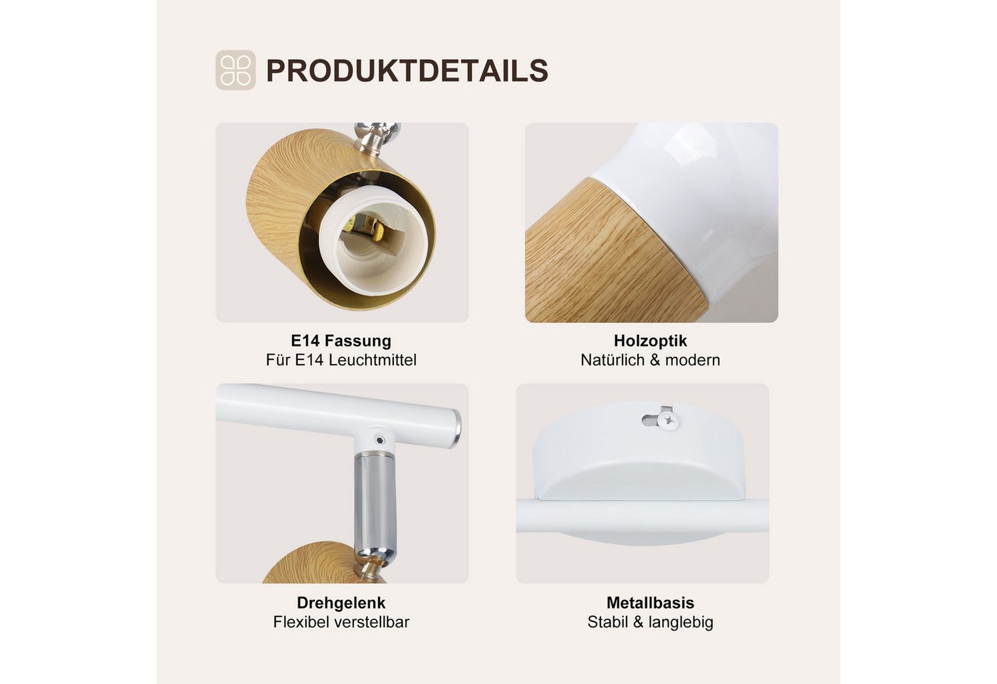 ZMH Deckenstrahler E14 Flammig Eisen Lampenschirm Deckenlampe Flur & Schlafzimmer, ohne Leuchtmittel, Weiß Schwenkbar 350° Modern Wohnzimmerlampe – Bild 3 von 5
