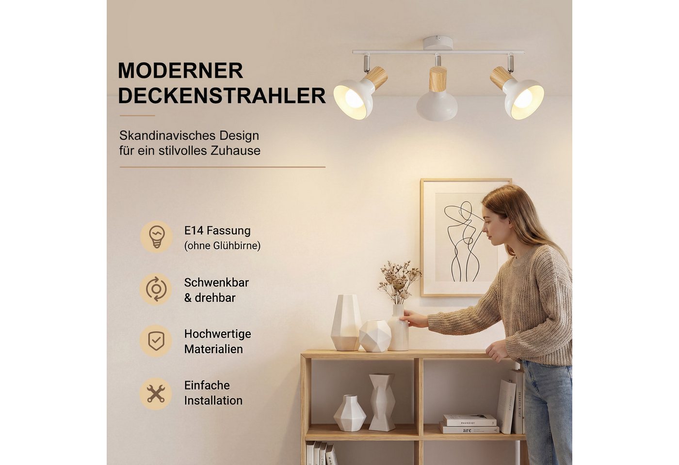 ZMH Deckenstrahler E14 Flammig Eisen Lampenschirm Deckenlampe Flur & Schlafzimmer, ohne Leuchtmittel, Weiß Schwenkbar 350° Modern Wohnzimmerlampe – Bild 2 von 5