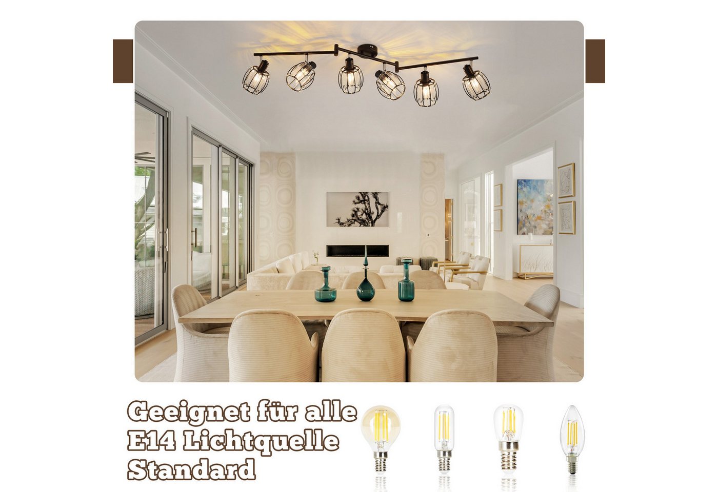 ZMH Deckenstrahler E14 Retro Deckenleuchte mit Kristall-Lampenschirm, 350° schwenkbar, ohne Leuchtmittel, Deckenlampe für Wohnzimmer Schlafzimmer Flur – Bild 3 von 5