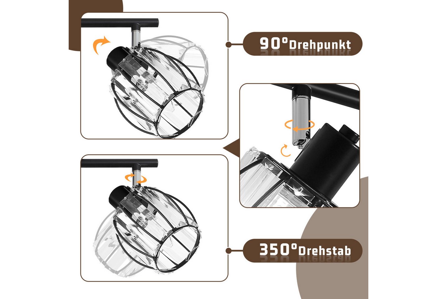 ZMH Deckenstrahler E14 Retro Deckenleuchte mit Kristall-Lampenschirm, 350° schwenkbar, ohne Leuchtmittel, Deckenlampe für Wohnzimmer Schlafzimmer Flur – Bild 4 von 5