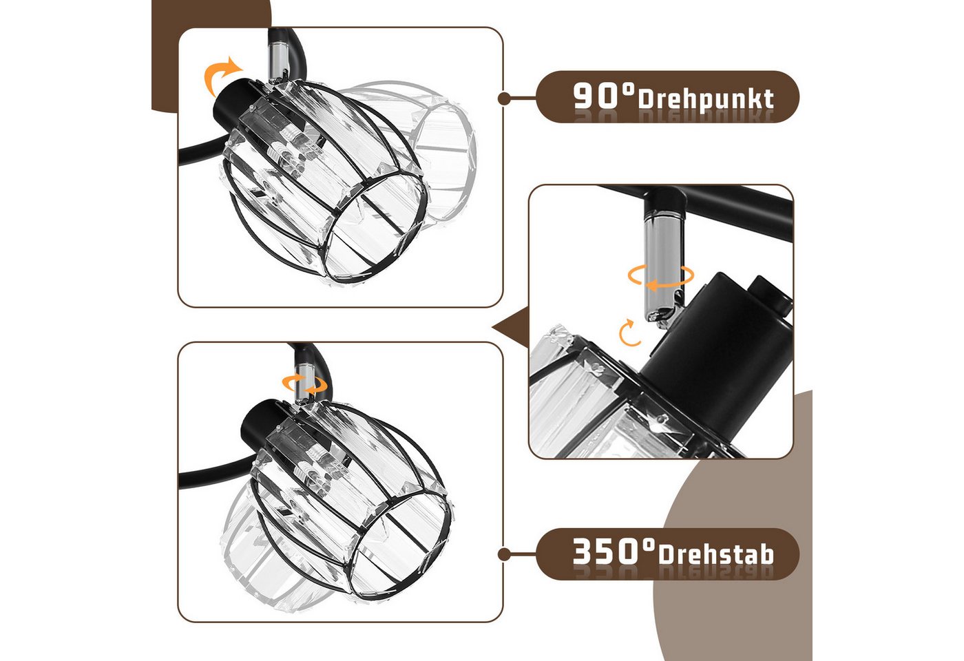 ZMH Deckenstrahler E14 Retro Deckenleuchte mit Kristall-Lampenschirm, 350° schwenkbar, ohne Leuchtmittel, Deckenlampe für Wohnzimmer Schlafzimmer Flur – Bild 3 von 5