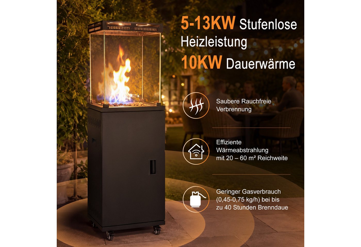 ZMH Heizstrahler Schwarz, 10/13 KW Gas, einfach zu bewegen, temperaturregulierbar, 5-13KW stufenlos, 20-60m², für 15kg Gasflaschen, mit Lenkrollen – Bild 3 von 5