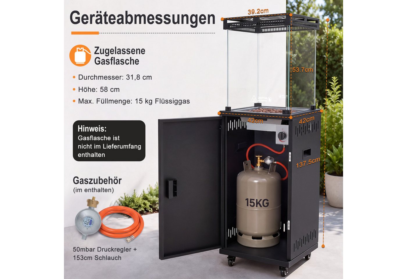ZMH Heizstrahler Schwarz, 10/13 KW Gas, einfach zu bewegen, temperaturregulierbar, 5-13KW stufenlos, 20-60m², für 15kg Gasflaschen, mit Lenkrollen – Bild 4 von 5