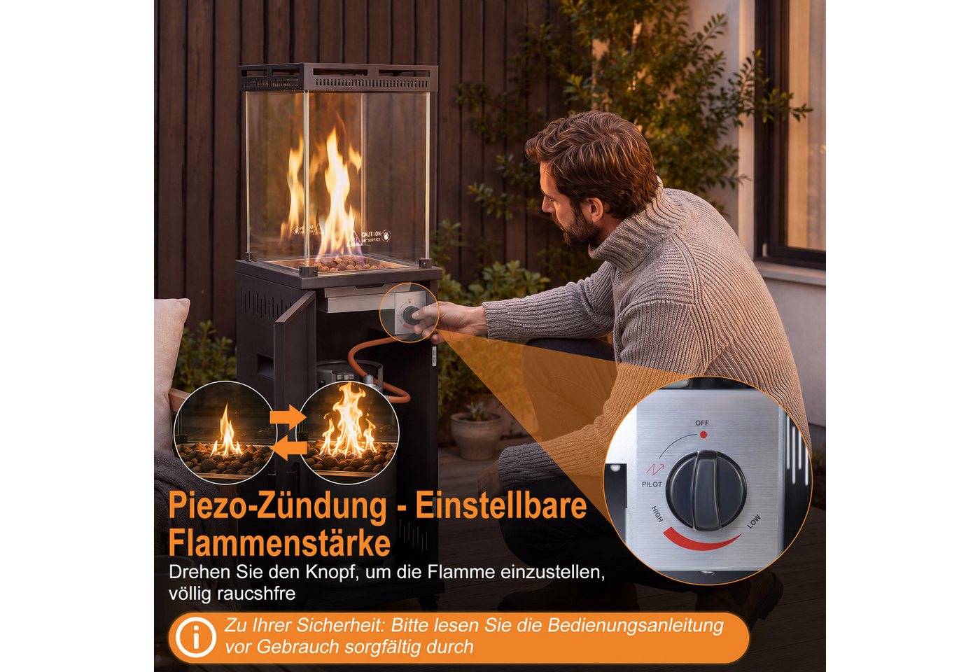 ZMH Heizstrahler Schwarz, 10/13 KW Gas, einfach zu bewegen, temperaturregulierbar, 5-13KW stufenlos, 20-60m², für 15kg Gasflaschen, mit Lenkrollen – Bild 5 von 5