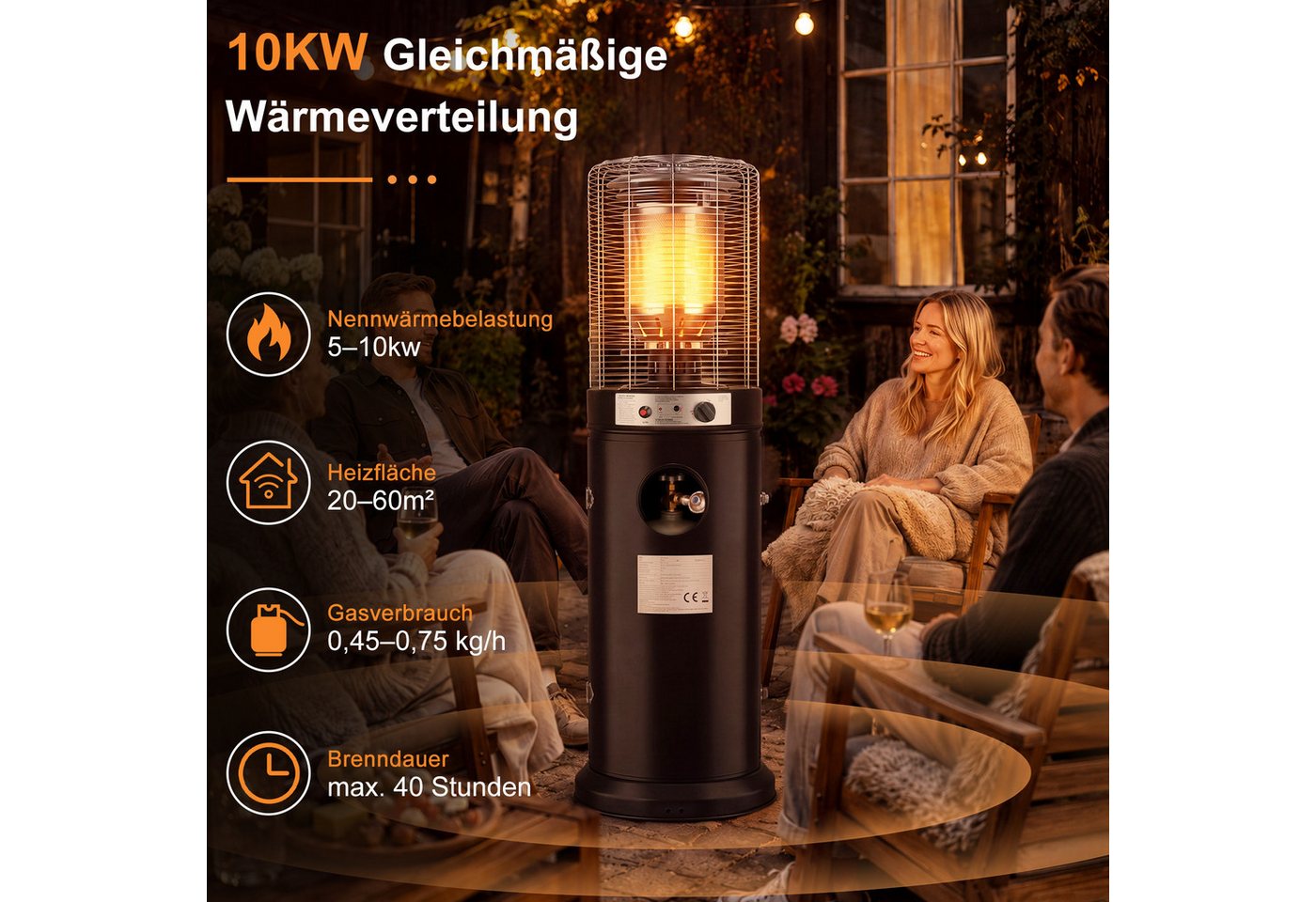 ZMH Heizstrahler Schwarz, 10/13 KW Gas, einfach zu bewegen, temperaturregulierbar, 5-10KW stufenlos, 20-60m², für 15kg Gasflaschen, mit Rollen – Bild 2 von 5